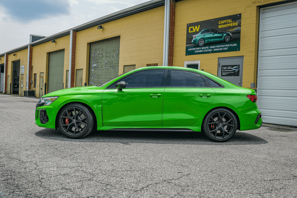  Audi RS 3 with full window tinting that complies with D.C. window tint laws for safety and privacy by Capital Wrappers.