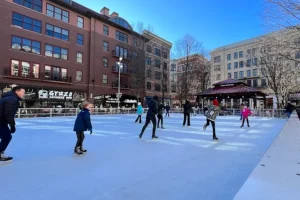 Enjoy outdoor ice skating at Rockville Town Square, MD, a fun seasonal attraction for families, friends, and visitors in a lively community setting.